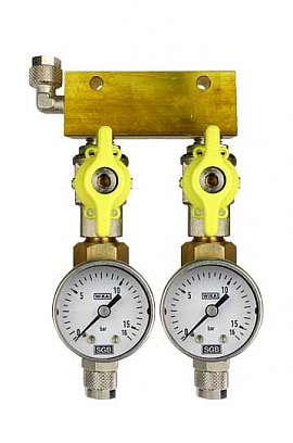 Manifold 2 pipes, shut-off valves, gauge till 16bar, QU8/6