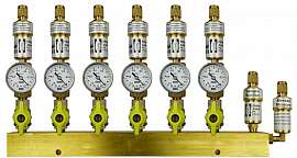 Manifold 6 pipes underpressure, brass, S+M, valves, mano -1 - 0 bar, CF8/6