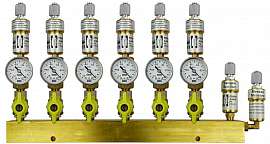 Manifold 6 pipes underpressure, brass, S+M, valves, mano -1 - 0 bar, FU6/4