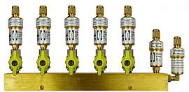 Manifold 5 pipes underpressure, brass, S+M, valves, CF8/6