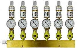 Manifold 6 pipes underpressure, brass, S, valves, mano -1 - 0 bar, FU6/4