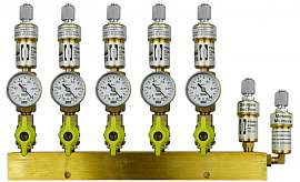 Manifold 5 pipes underpressure, brass, S+M, valves, mano -1 - 0 bar, FU6/4