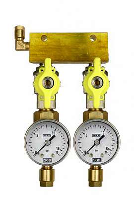 Manifold 2 pipes, shut-off valves, gauge till 16bar, CF6/4