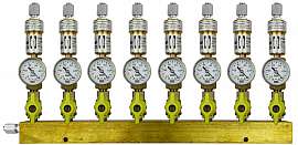 Manifold 8 pipes underpressure, brass, S, valves, mano -1 - 0 bar, FU6/4