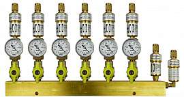 Manifold 6 pipes underpressure, brass, S+M, valves, CF8/6
