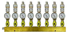 Manifold 8 pipes underpressure, brass, S, valves, mano -1 - 0 bar, QU8/6