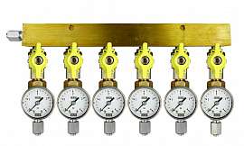 Manifold 6 pipes, shut-off valves, gauge till 4bar, FU6/4