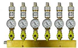 Manifold 6 pipes underpressure, brass, S, valves, mano -1 - 0 bar, QU8/6