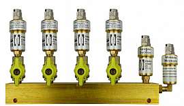 Manifold 4 pipes underpressure, brass, S+M, valves, QU8/6